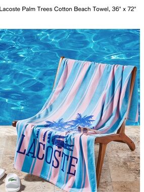 Lacoste Pink and Blue Striped Palm-Print Beach Towel NWT 36 in by 72 inches